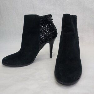 BCBG Milan Stiletto Ankle Booties Women's 9.5B Black Leather Suede & Glitter Zip